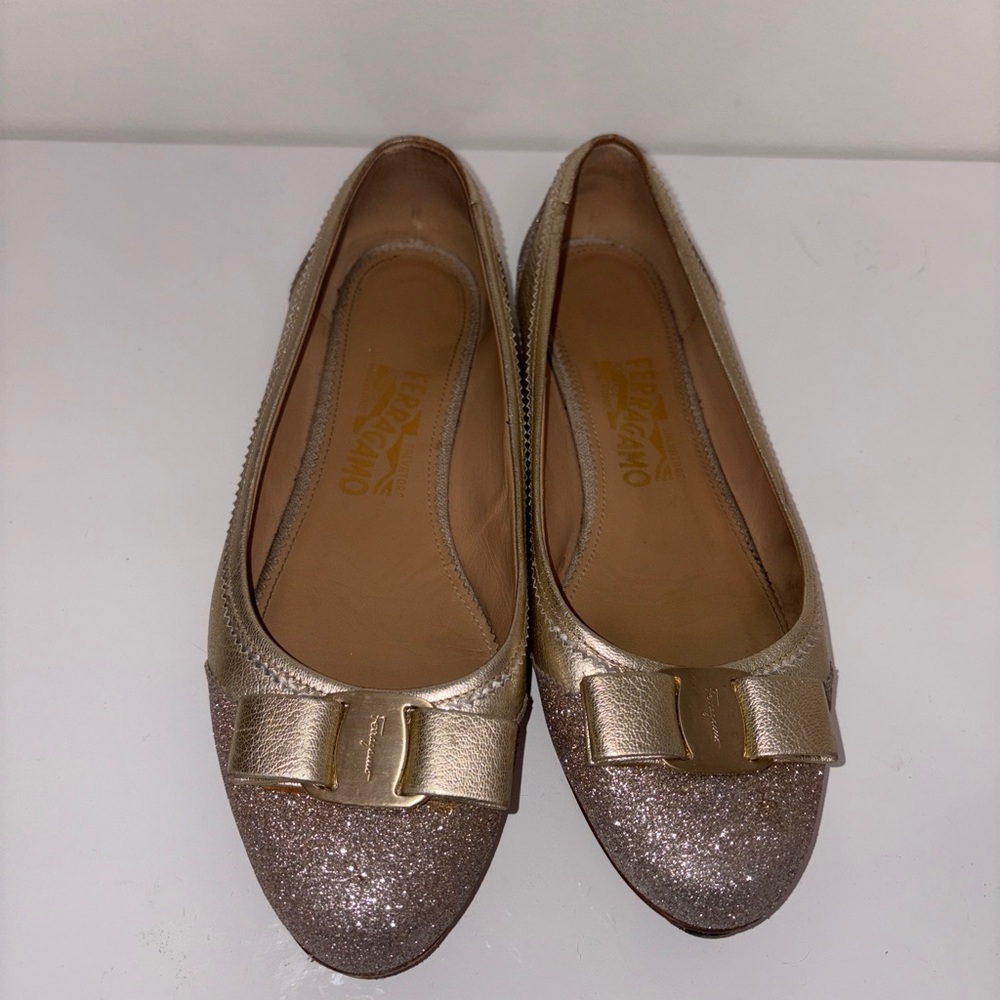 Ferragamo champagne/gold flats with buckle bow. Size 8